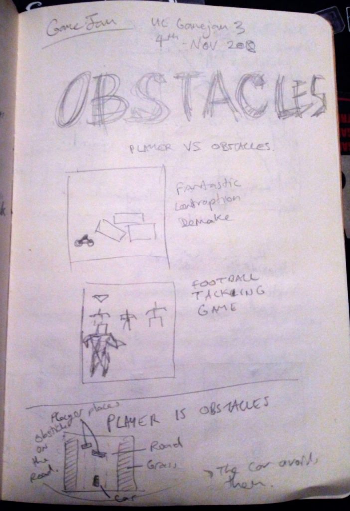 Game Design Notes (page 1) I made during the UL Gamejam 2018 for &ldquo;OBSTACLES&rdquo; by Darren Kearney